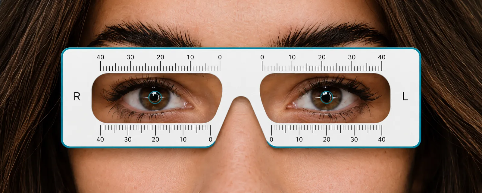 A PD ruler held over the eyes, with the pupils lined up against the scale